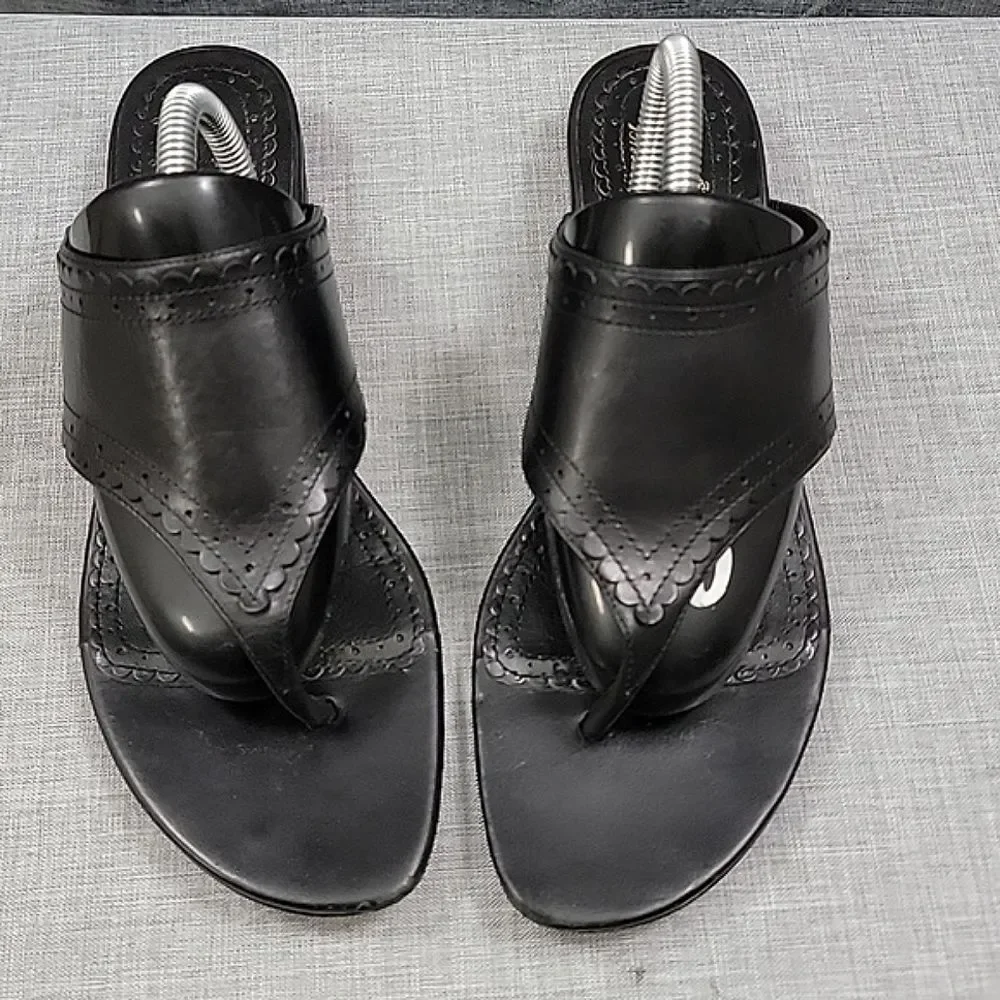 Brooks Brothers Black Leather Wedge Toe Slip-On Sandal, women's SZ 7
